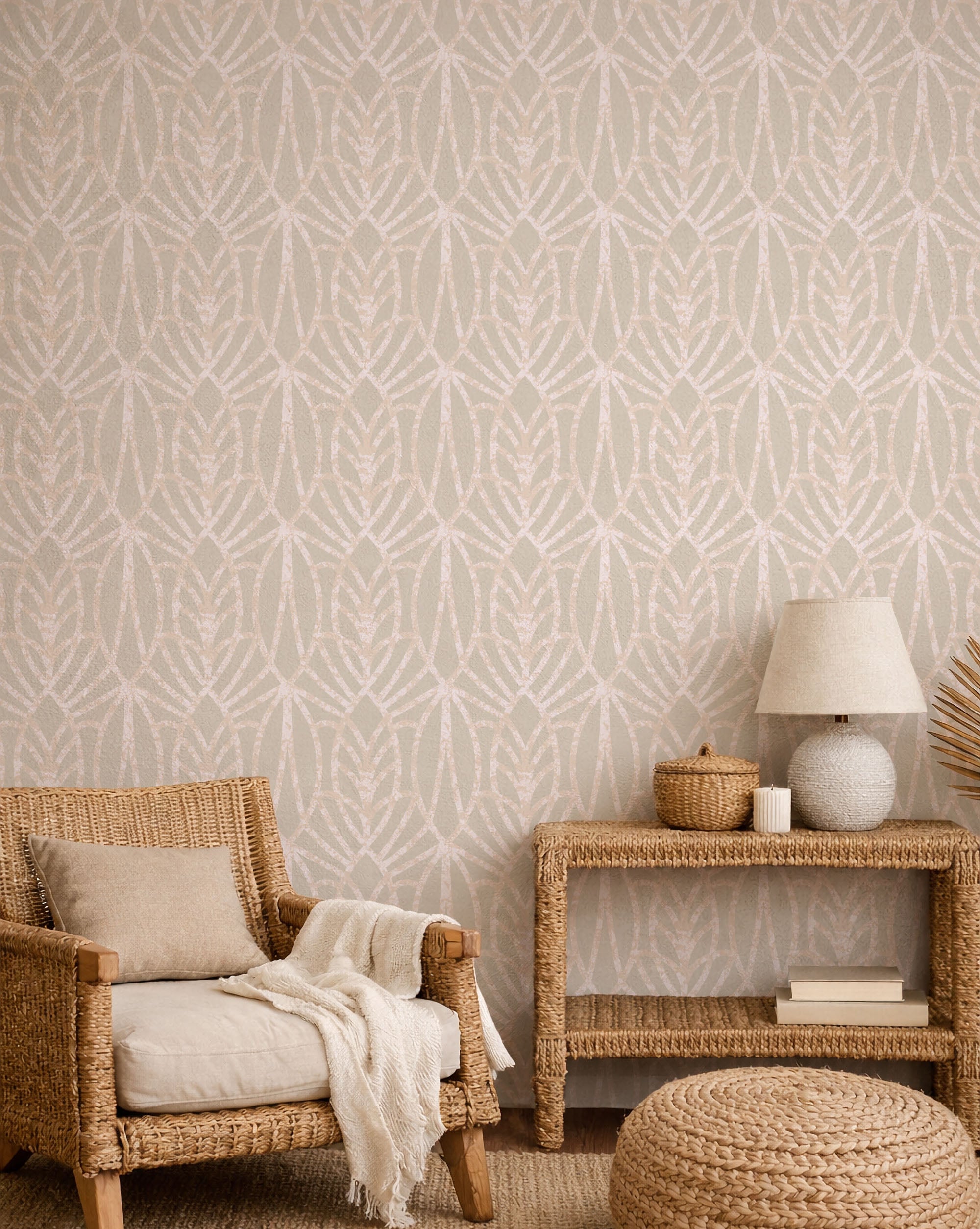 Geometry Entwined Cream peel and stick wallpaper room mockup